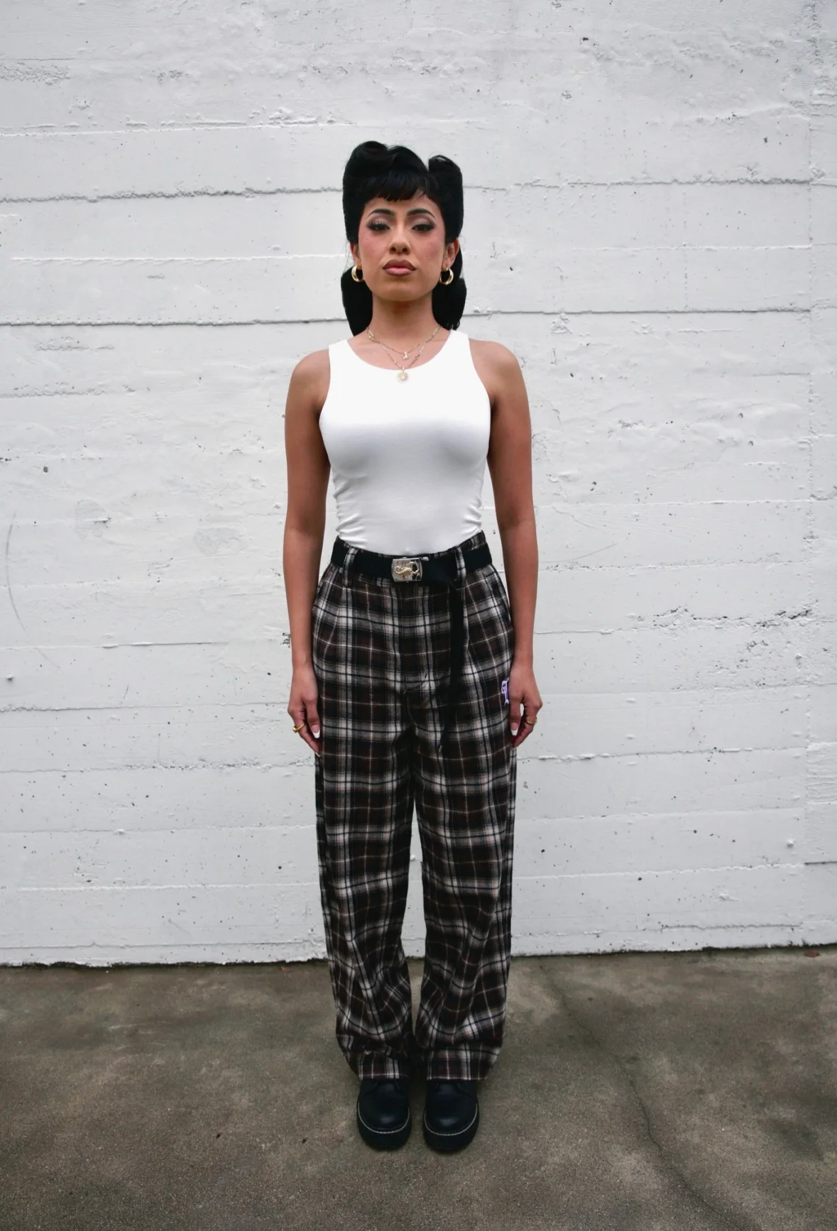 Flannel Wide Leg Pant - Brown and White - Image 2