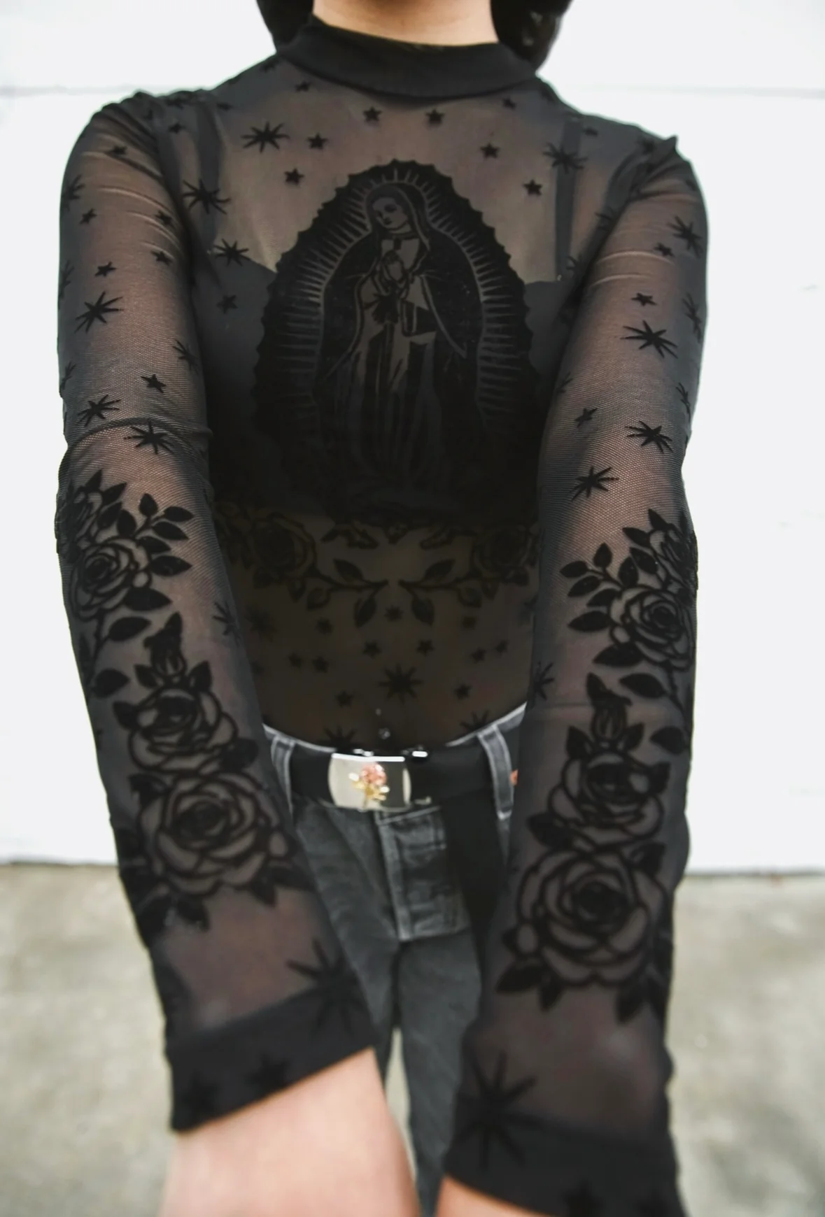 Black Virgencita Mesh Top - Image 4